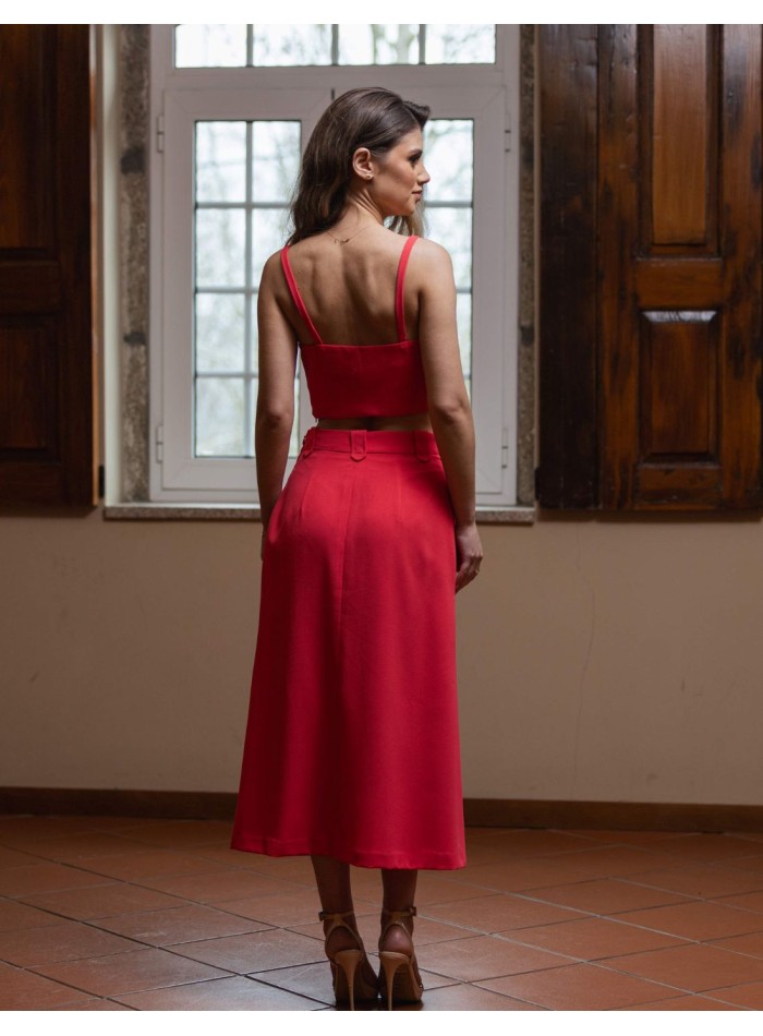 Crop top with thin straps and straight skirt...