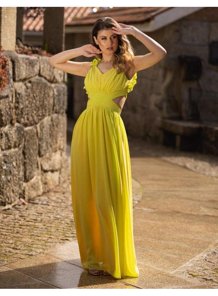 Longue robe de soirée jaune avec détails floraux