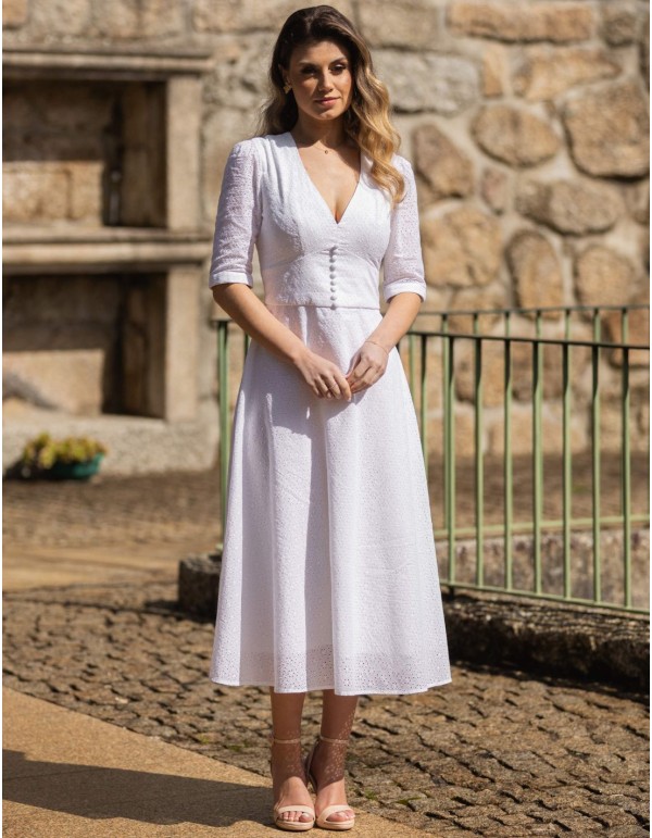 White midi dress with embroidery and French sleeves