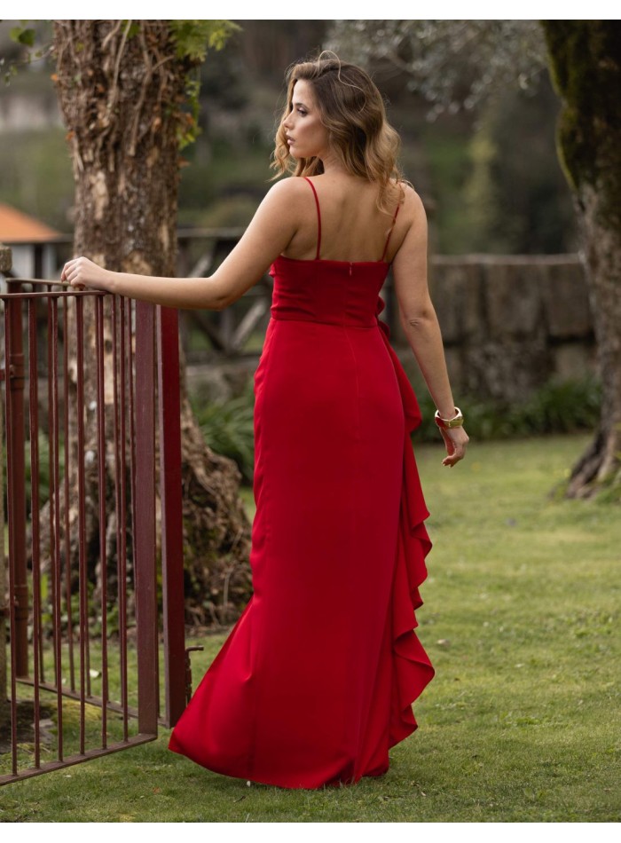 Long red party dress with ruffles and flower...