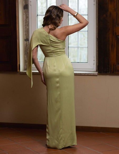Long green party dress with asymmetrical neckline