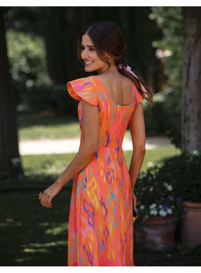 Robe d'invité midi en lin imprimé orange