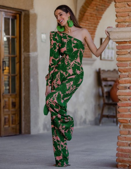 Mono de fiesta con escote asimétrico y estampado de flores