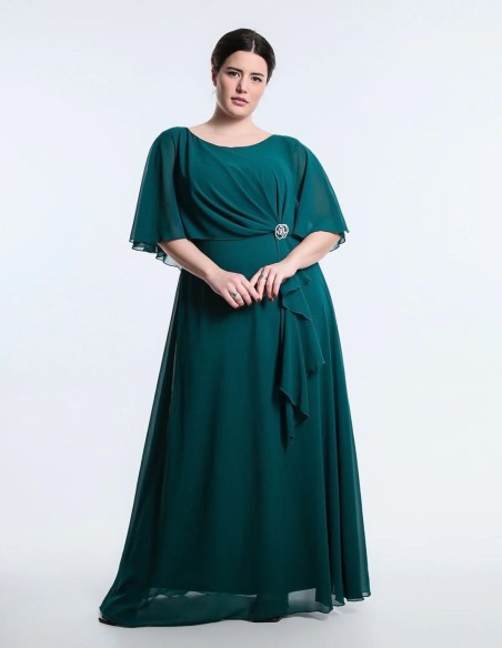 Long guest dress with brooch and cape