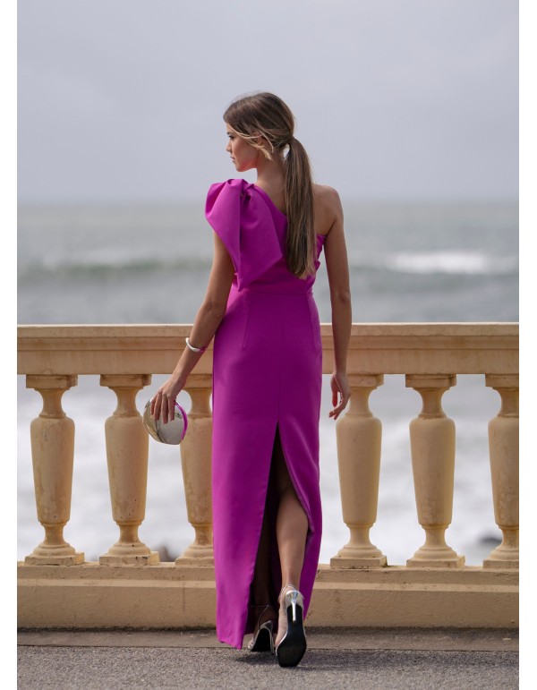 Fuchsia long guest dress with asymmetrical neckline and... 2
