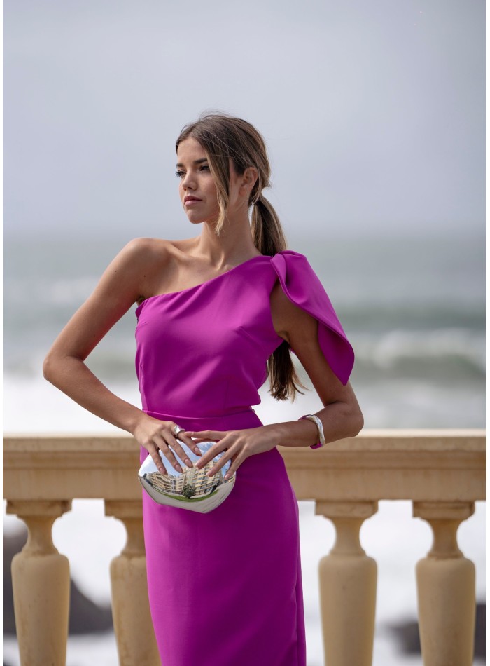 Fuchsia long guest dress with asymmetrical...
