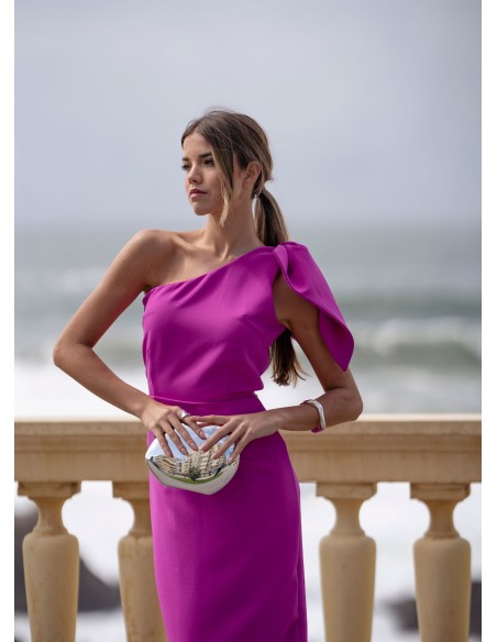 Fuchsia long guest dress with asymmetrical neckline and lacing