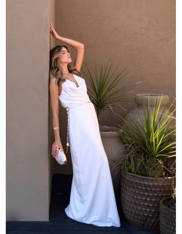 Vestido largo blanco con escote efecto caído 2