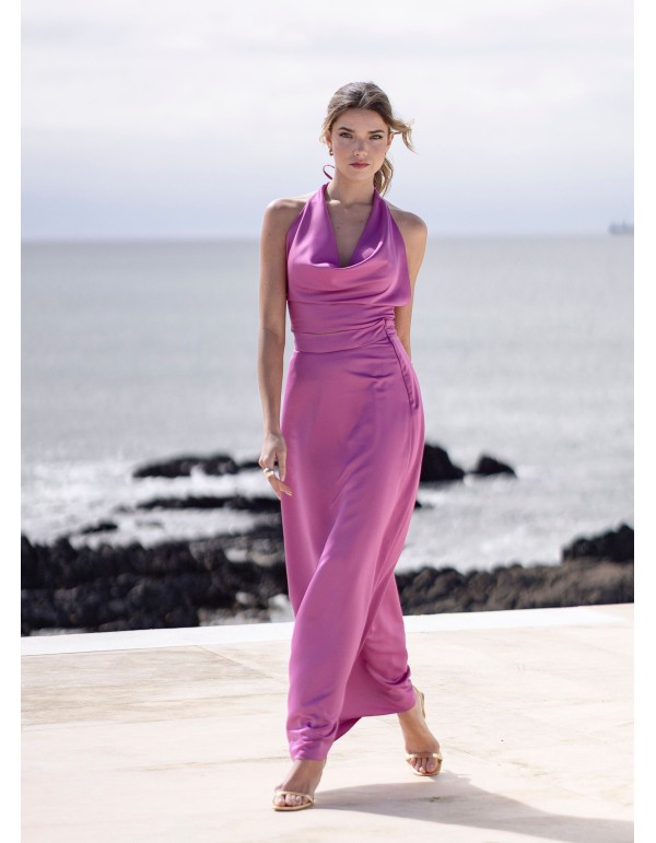 Jupe midi de fête en satin rose 2