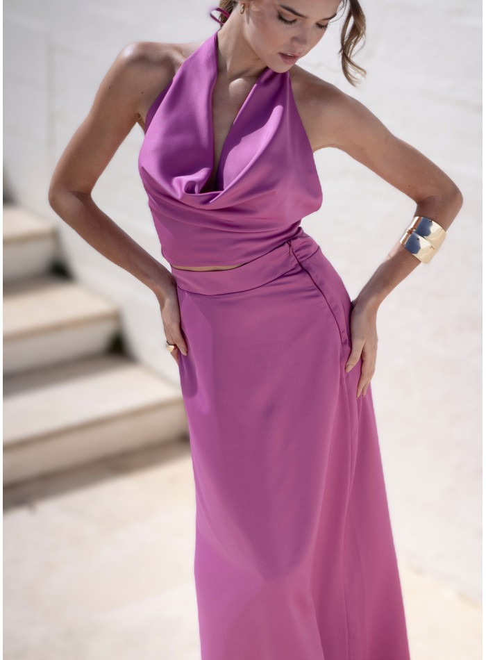 Jupe midi de fête en satin rose