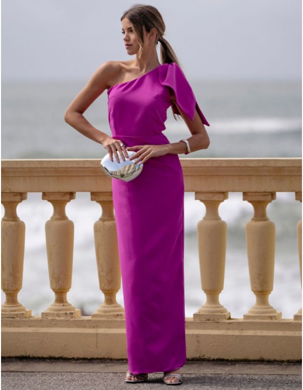 Fuchsia long guest dress with asymmetrical neckline and...