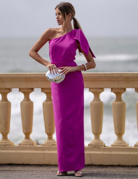 Fuchsia long guest dress with asymmetrical neckline and lacing