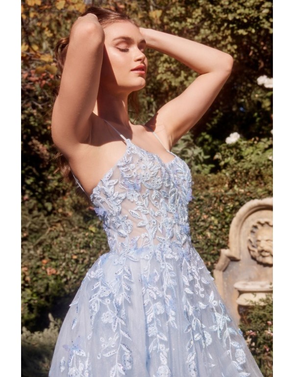 Long gown with embroidered bodice and sky blue tulle skirt 2