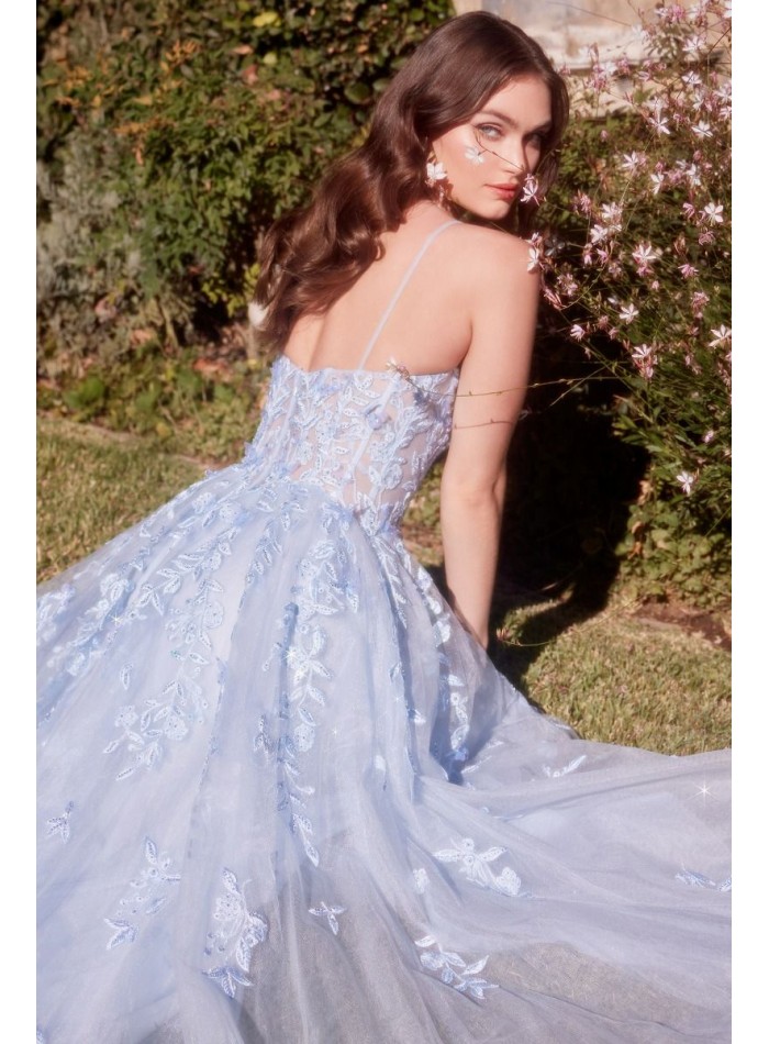 Long party dress with embroidered bodice and sky blue tulle skirt