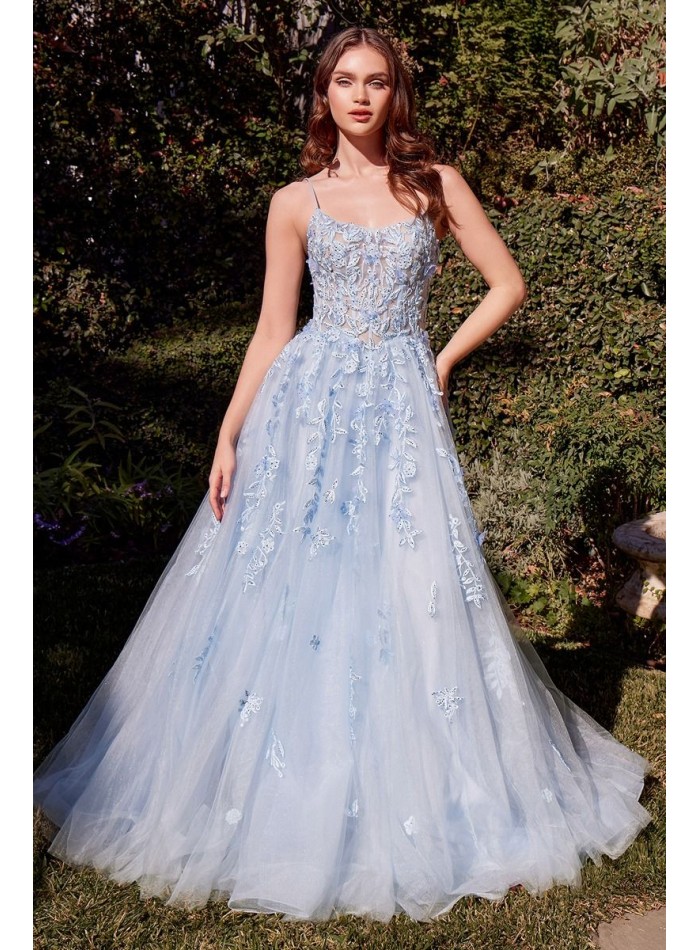 Long gown with embroidered bodice and sky blue tulle skirt