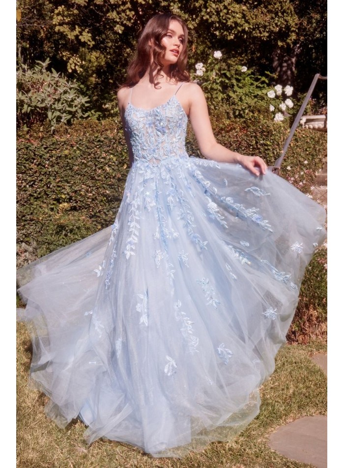 Long gown with embroidered bodice and sky blue...