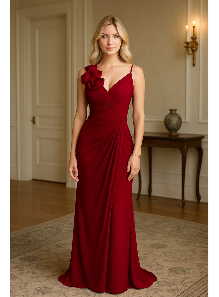 Long gown with V-neckline and flower detail on...