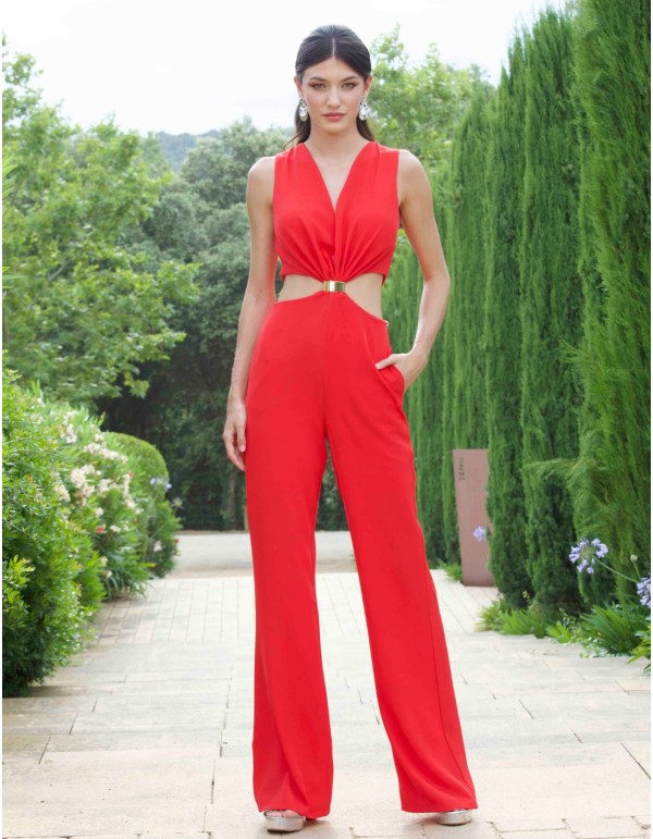 Long party jumpsuit with plunging V-neckline and buckle 2