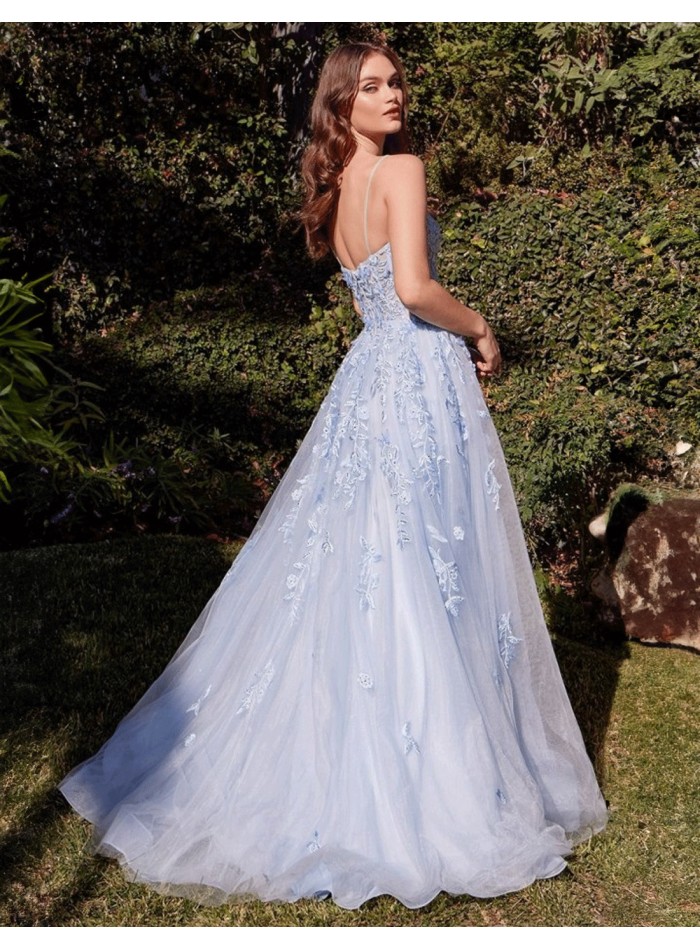 Long gown with embroidered bodice and sky blue tulle skirt