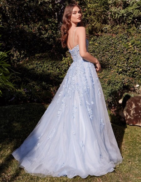 Long gown with embroidered bodice and sky blue tulle skirt