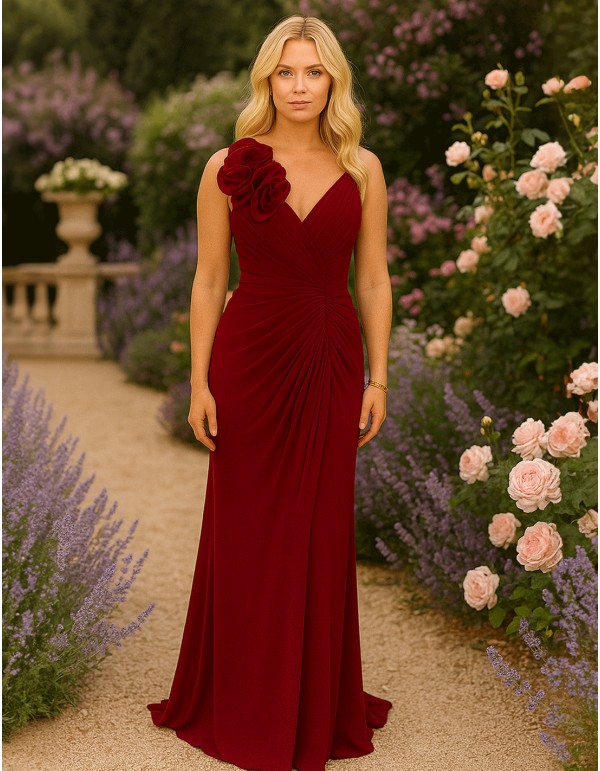 Robe de soirée longue avec décolleté en V et détails floraux sur les bretelles