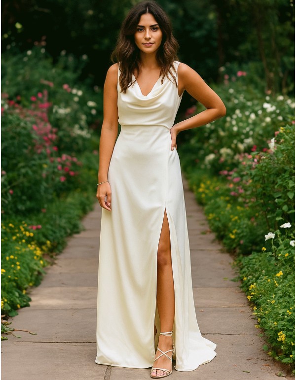 Longue robe de soirée en satin blanc avec dos ouvert et...
