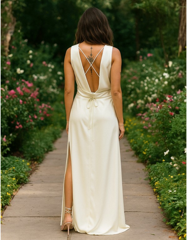 Long white satin gown with open back and slit 2
