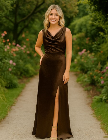Long gown with satin fabric and open back brown