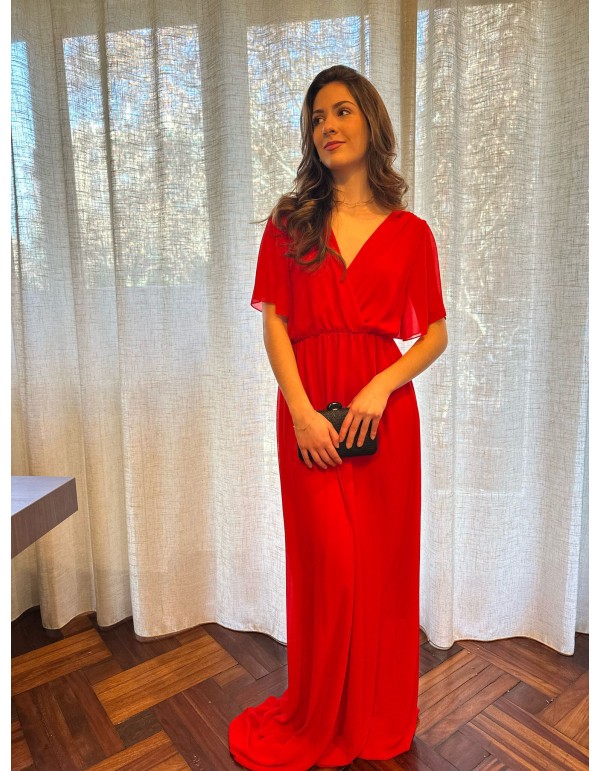 Robe d'invité longue avec manches courtes et décolleté en V