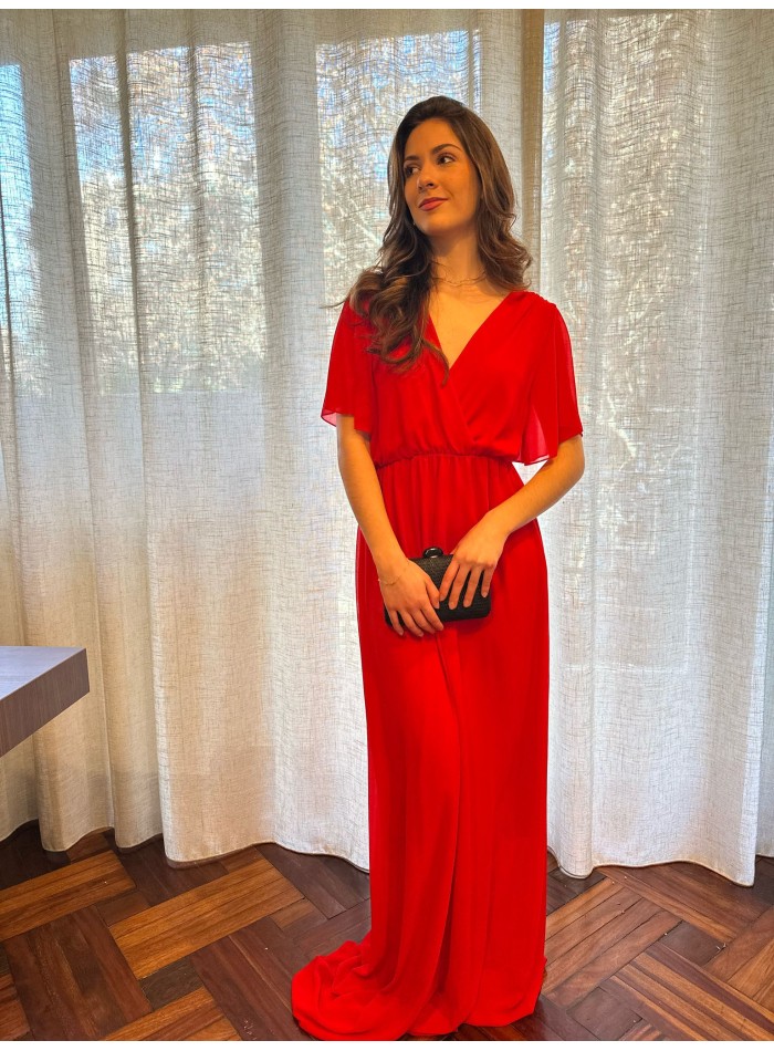 Long guest dress with short sleeves and V neckline