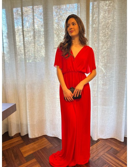 Long guest dress with short sleeves and V neckline