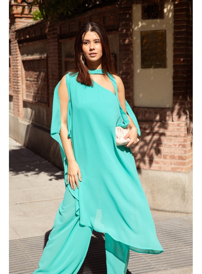 Guest gauze jumpsuit with one sleeve and neck tie