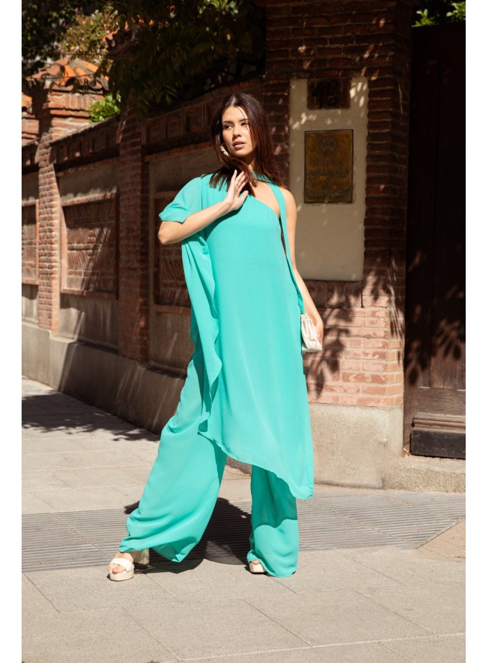 Guest gauze jumpsuit with one sleeve and neck tie