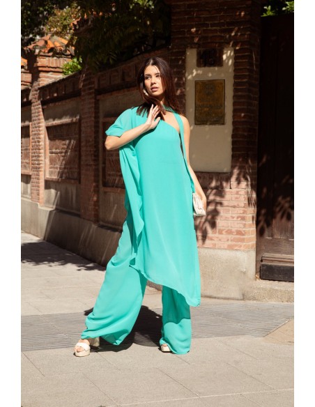 Guest gauze jumpsuit with one sleeve and neck tie