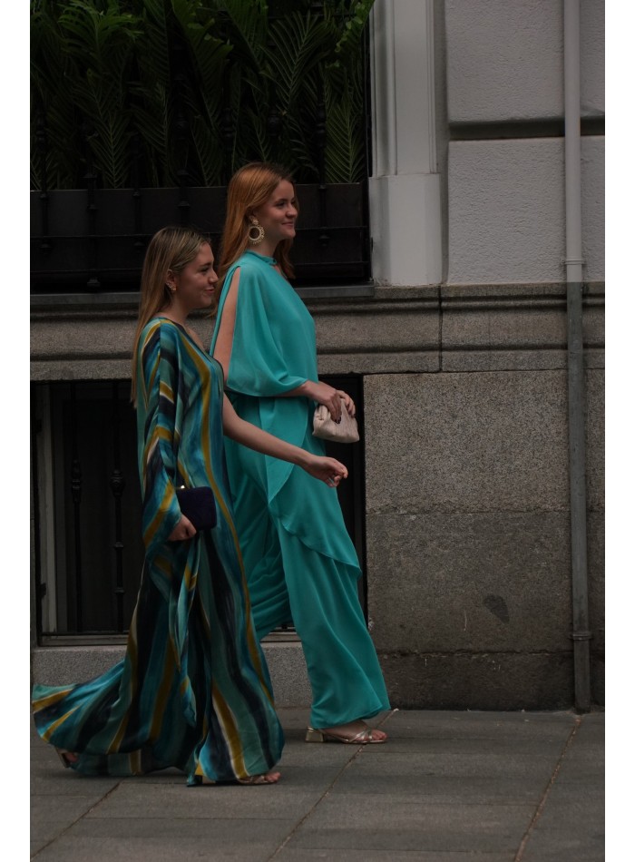 Guest gauze jumpsuit with one sleeve and neck tie