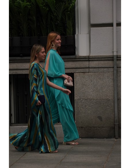 Guest gauze jumpsuit with one sleeve and neck tie