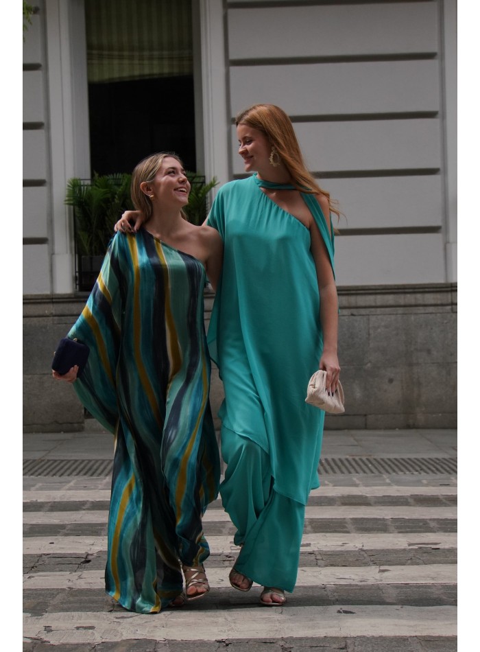 Guest gauze jumpsuit with one sleeve and neck tie