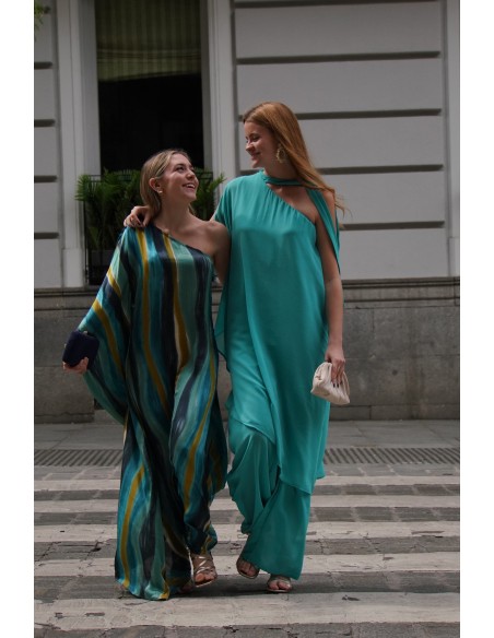 Guest gauze jumpsuit with one sleeve and neck tie