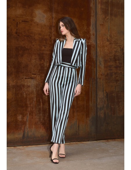 Tailored black and light blue striped jacket with tuxedo collar