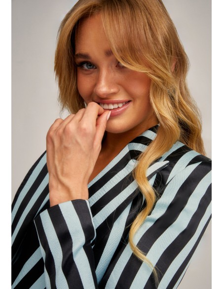 Tailored black and light blue striped jacket with tuxedo collar