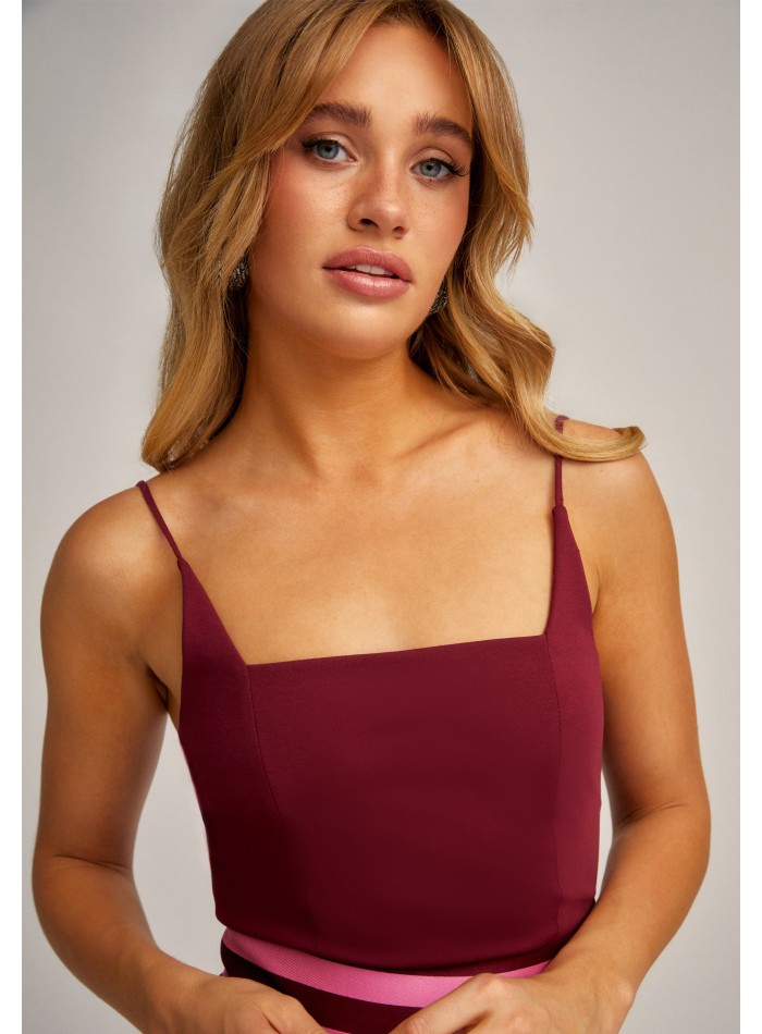 Burgundy knitted top with square neckline and...