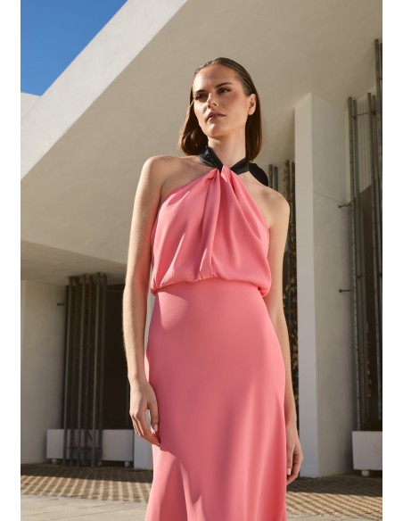 Elegant pink and black midi dress for wedding guests