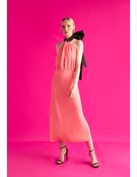 Elegant pink and black midi dress for wedding guests
