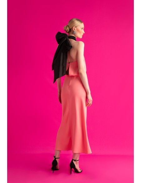 Elegant pink and black midi dress for wedding guests