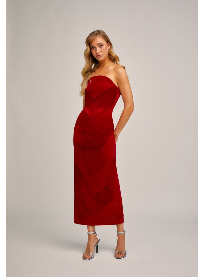 Vestido midi rojo en triacetato palabra de honor con escote curvo para eventos