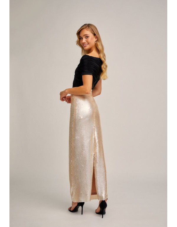 Straight beige sequined skirt with back slit 2