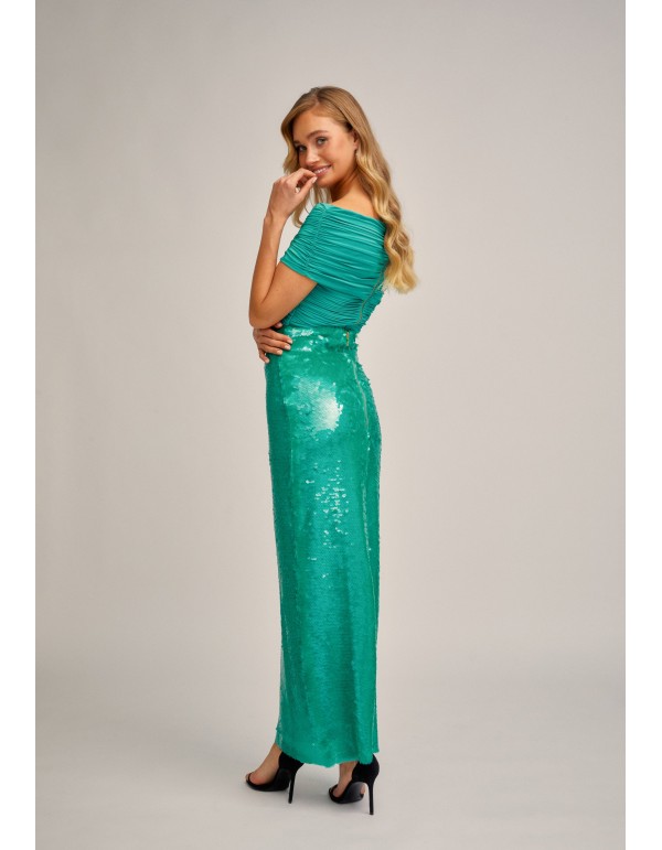 Jupe droite pailletée vert turquoise avec fente au dos 2