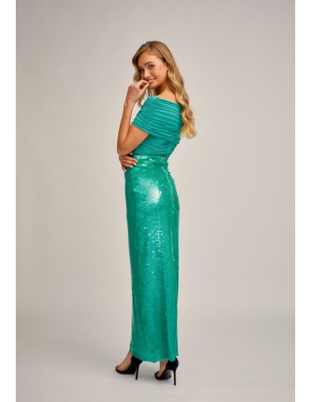 Falda recta verde turquesa de lentejuelas con abertura trasera para eventos