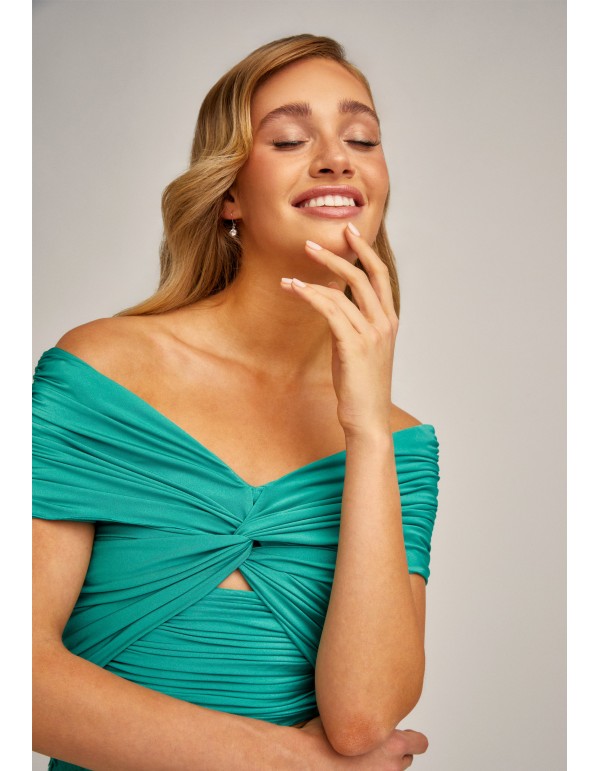 Top turquoise sarcelle avec encolure bardot drapée et nœud 2