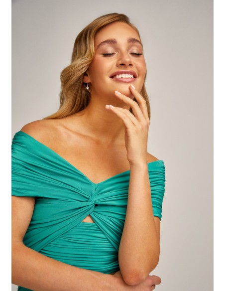 Turquoise green top with draped bardot neckline and knot